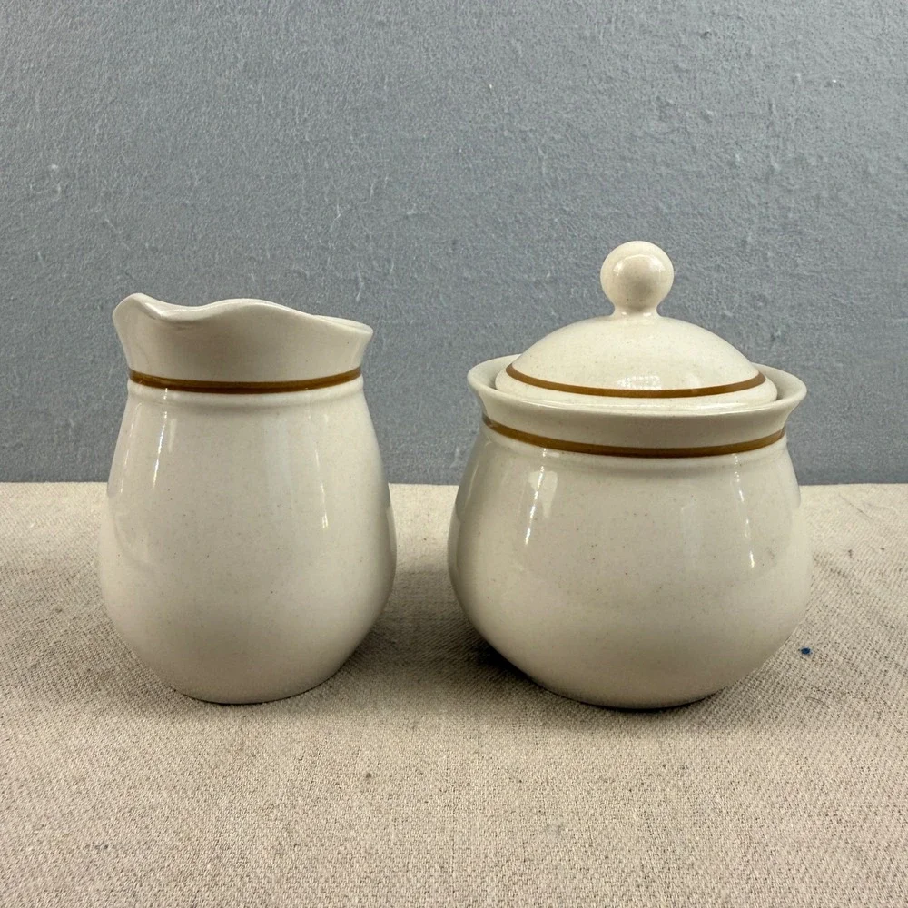 Vintage Kingsbury Stoneware Cream and Sugar Set Japan‎ Speckled Brown Band